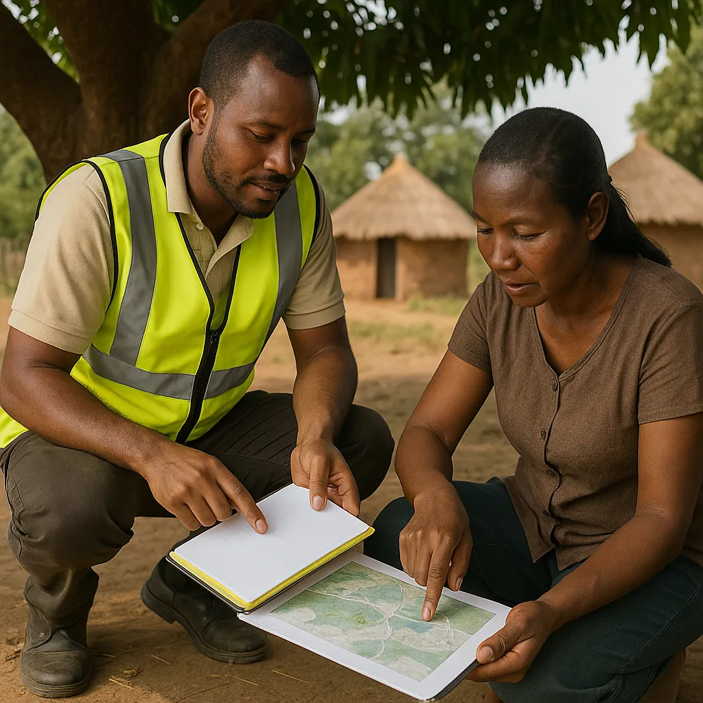 Close up of a local monitoring officer hand adjusting a traffic light style field notebook under a shaded mango tree in northern Uganda