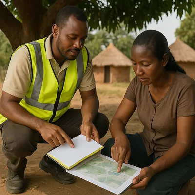 Close up of a local monitoring officer hand adjusting a traffic light style field notebook under a shaded mango tree in northern Uganda