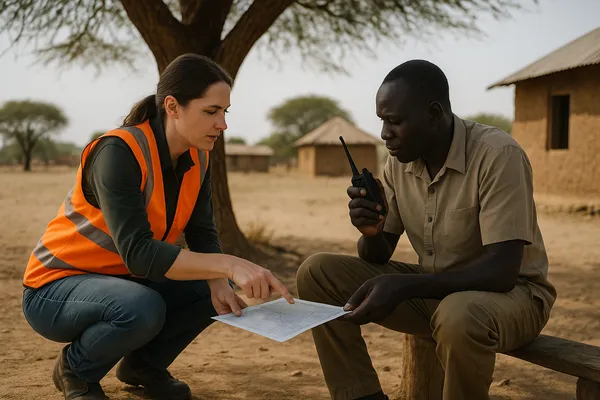 Close up of a local security advisor hand pointing at a map held by a field monitor under an acacia tree in rural South Sudan