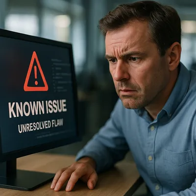 A person looking concerned at a computer screen displaying a bug report or error message.