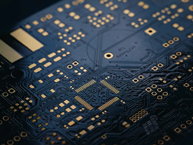 Futuristic circuit board and human hand, representing technology and automation.