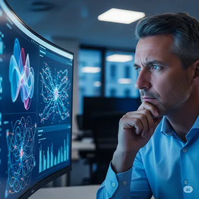 A person looking perplexed at a complex digital interface showing AI-driven financial data.