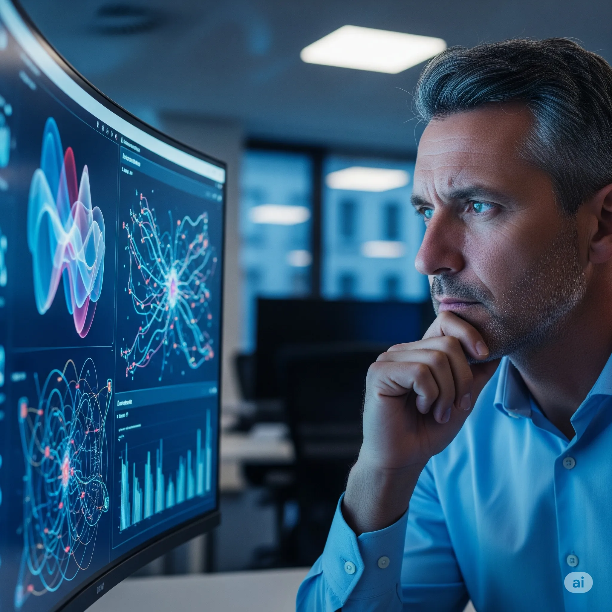 A person looking perplexed at a complex digital interface showing AI-driven financial data.