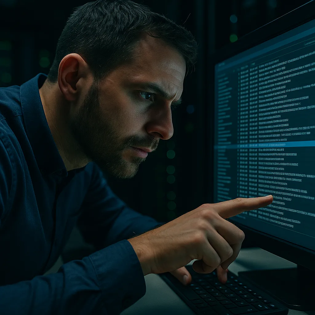 A person examining a complex digital log or audit trail on a screen.