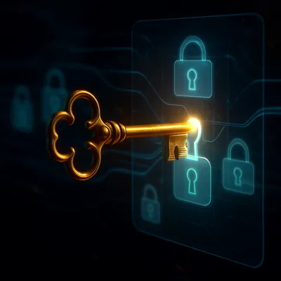 A single key unlocking a series of digital padlocks and controls.