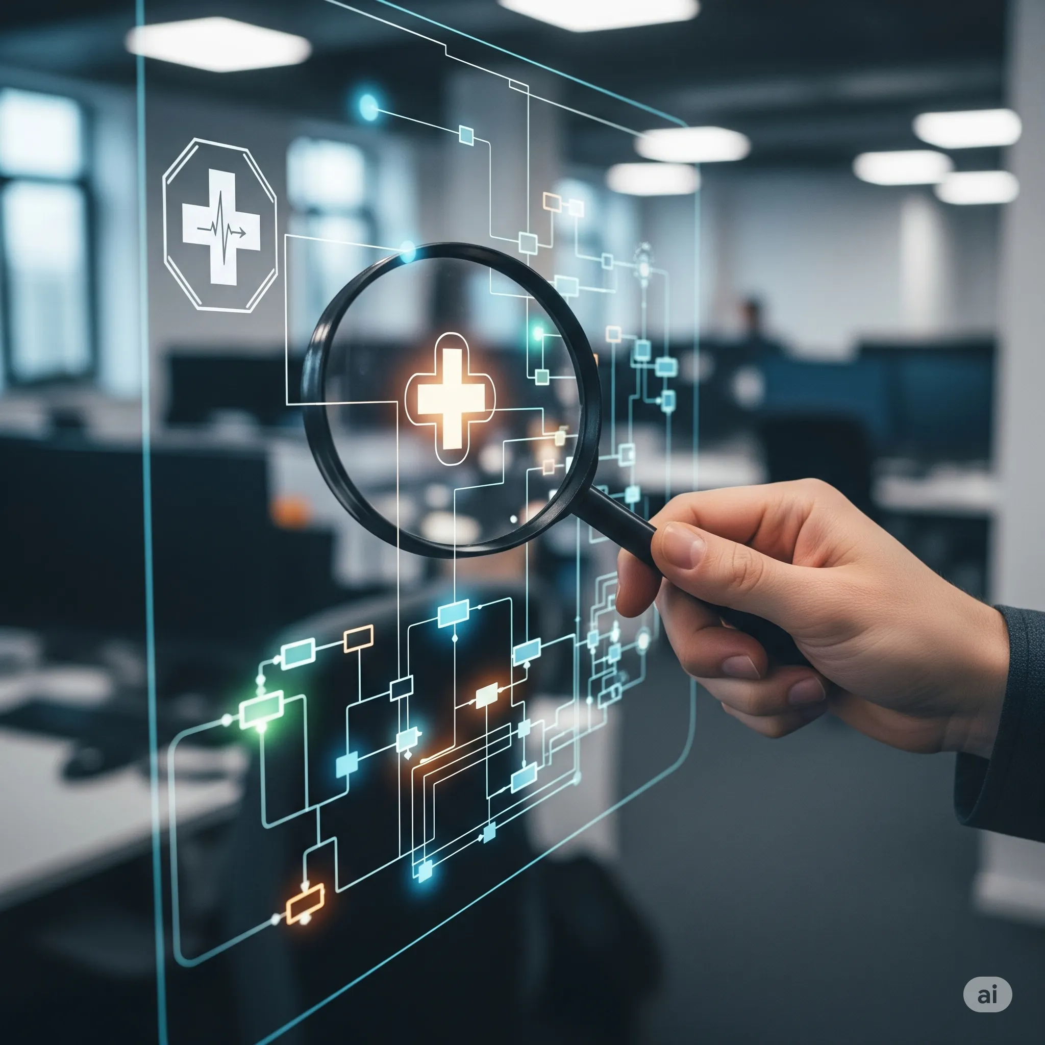 A hand holding a magnifying glass over a complex flowchart, with a diagnosis icon overlay.