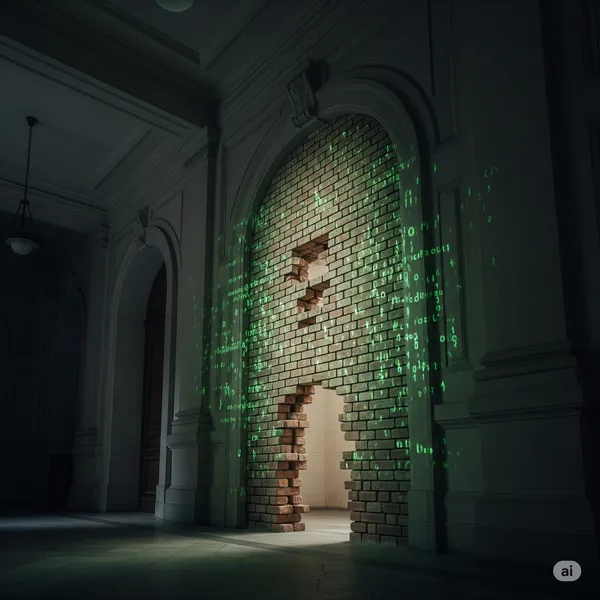 A bricked-up doorway with a digital code overlay, symbolizing inaccessible understanding.