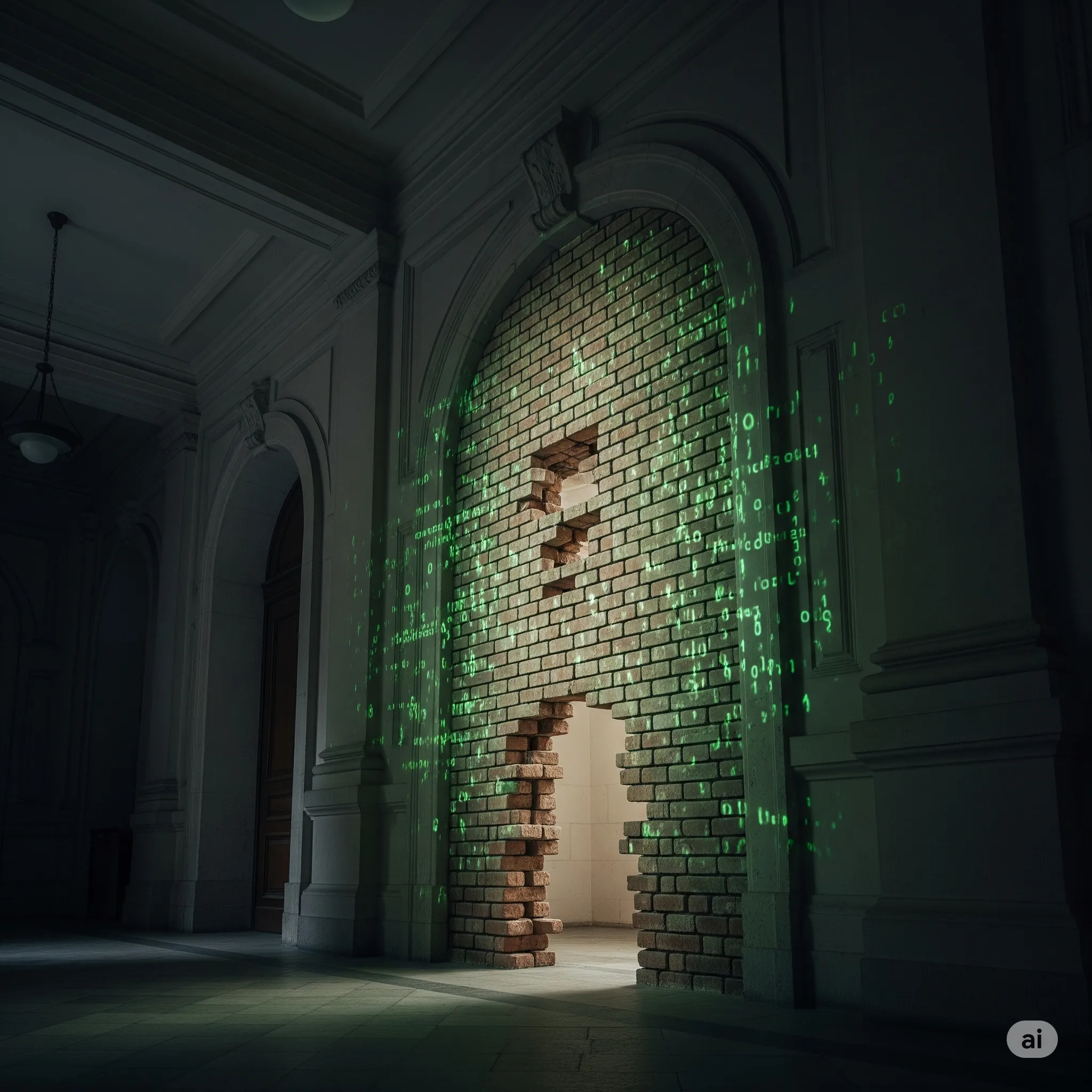 A bricked-up doorway with a digital code overlay, symbolizing inaccessible understanding.