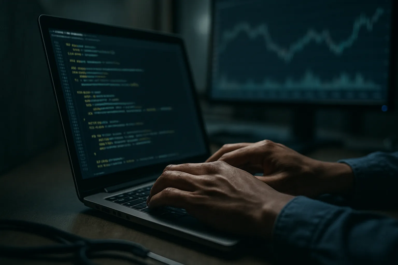 Close-up of hands typing code on a laptop with financial charts in the background.