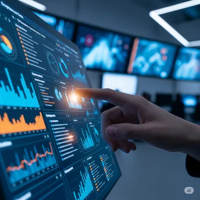 A hand interacting with a digital dashboard showing grievance data analytics and trend lines.