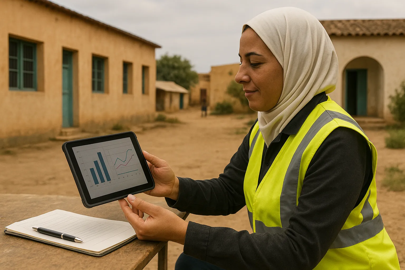 Close up of a field monitor hand holding a tablet displaying mixed health and education charts with a school wall and a clinic in soft focus behind
