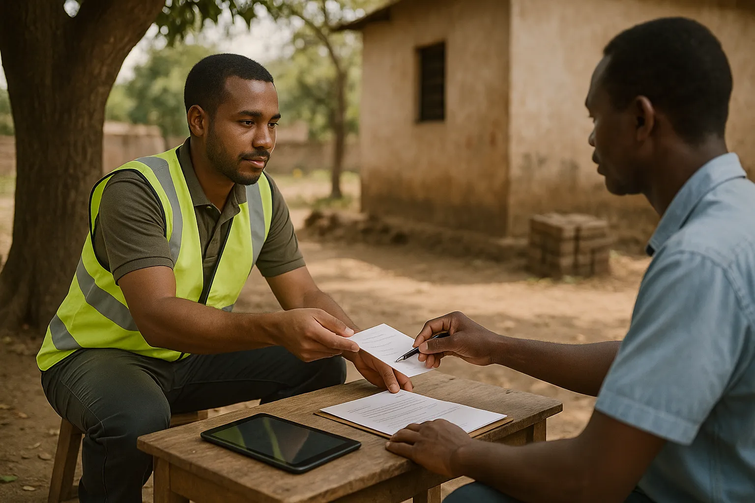 Close up of a field monitor hand offering a paper consent form to a participant in a shaded village setting