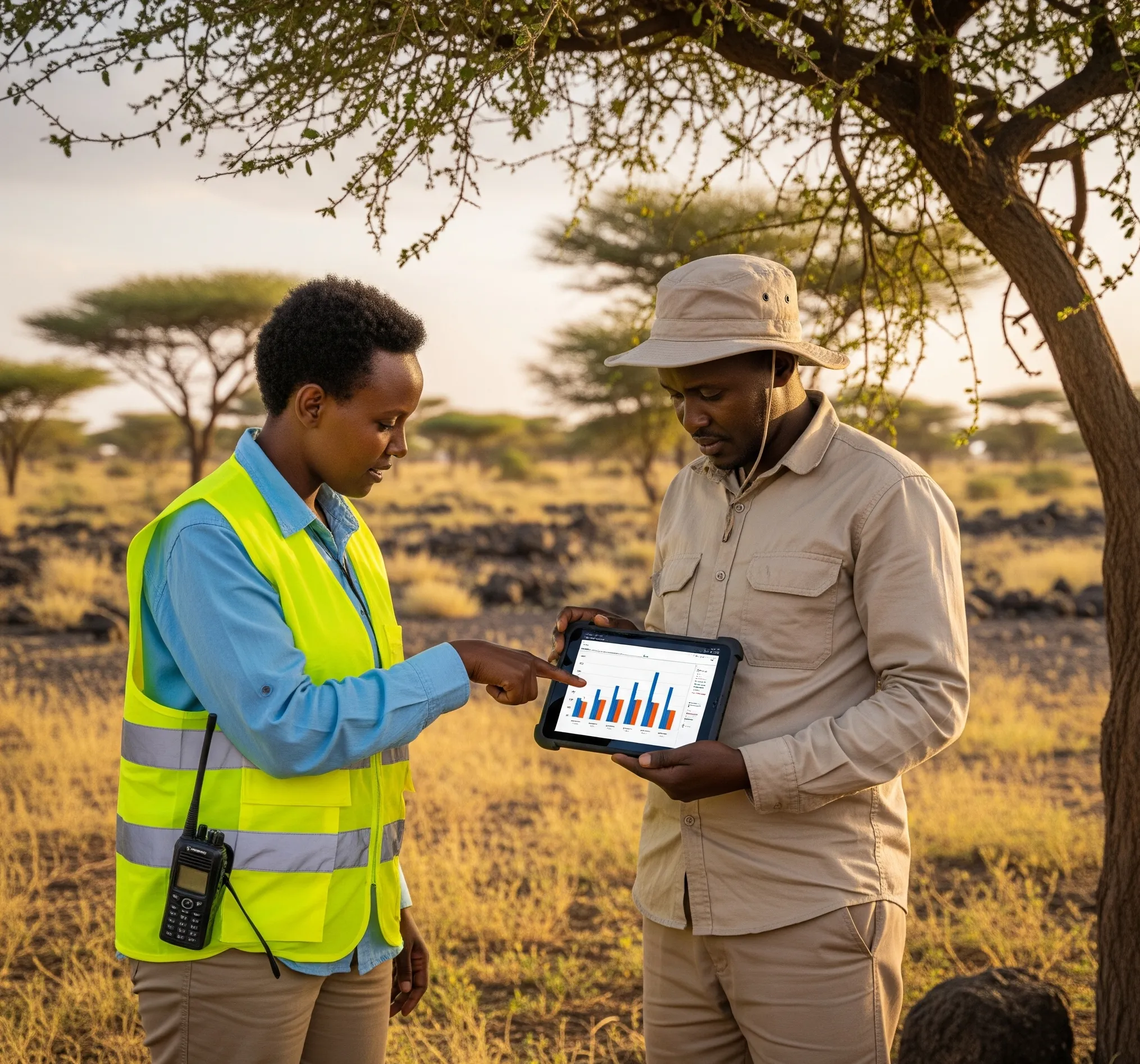 Close up of a local monitoring coordinator hand and project manager hand holding a tablet with a simple bar chart under an acacia tree in southern Ethiopia