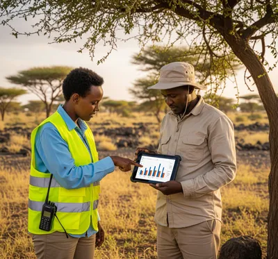 Close up of a local monitoring coordinator hand and project manager hand holding a tablet with a simple bar chart under an acacia tree in southern Ethiopia