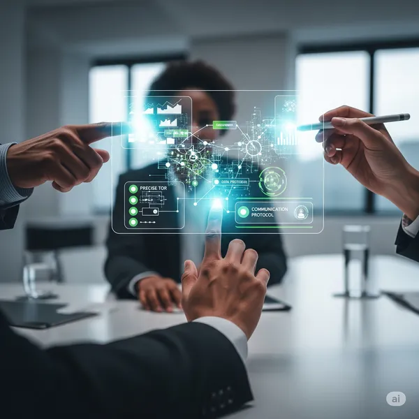 Three hands, representing different parties, interact around a clear digital interface of an engagement plan.