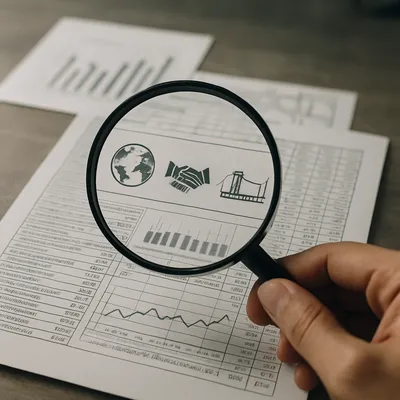 Magnifying glass over a financial report with development aid symbols