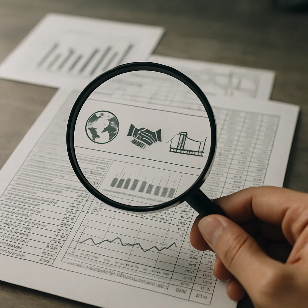 Magnifying glass over a financial report with development aid symbols