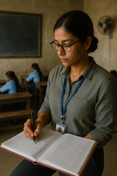 Education monitoring officer holding attendance register inside a Nepal primary school classroom with benches blackboard and solar powered fan in background