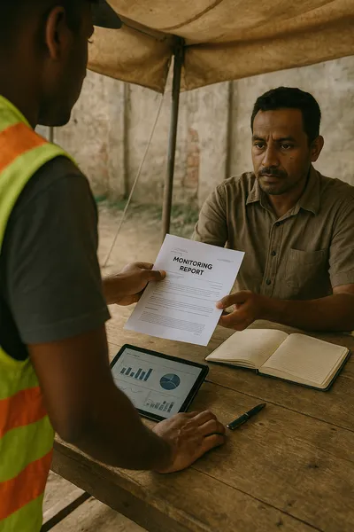 Close up of a field monitor hand handing a printed report to a project manager hand over a wooden table under a shade cloth