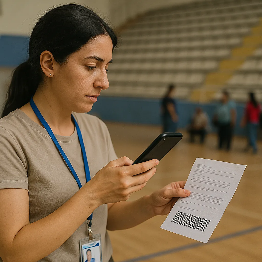 Field officer scanning a beneficiary voucher barcode with smartphone inside a Gaziantep sports hall payment kiosk