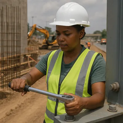 Site engineer checking torque wrench on steel beam at Nairobi road construction site with rebar machinery and distant workers in background