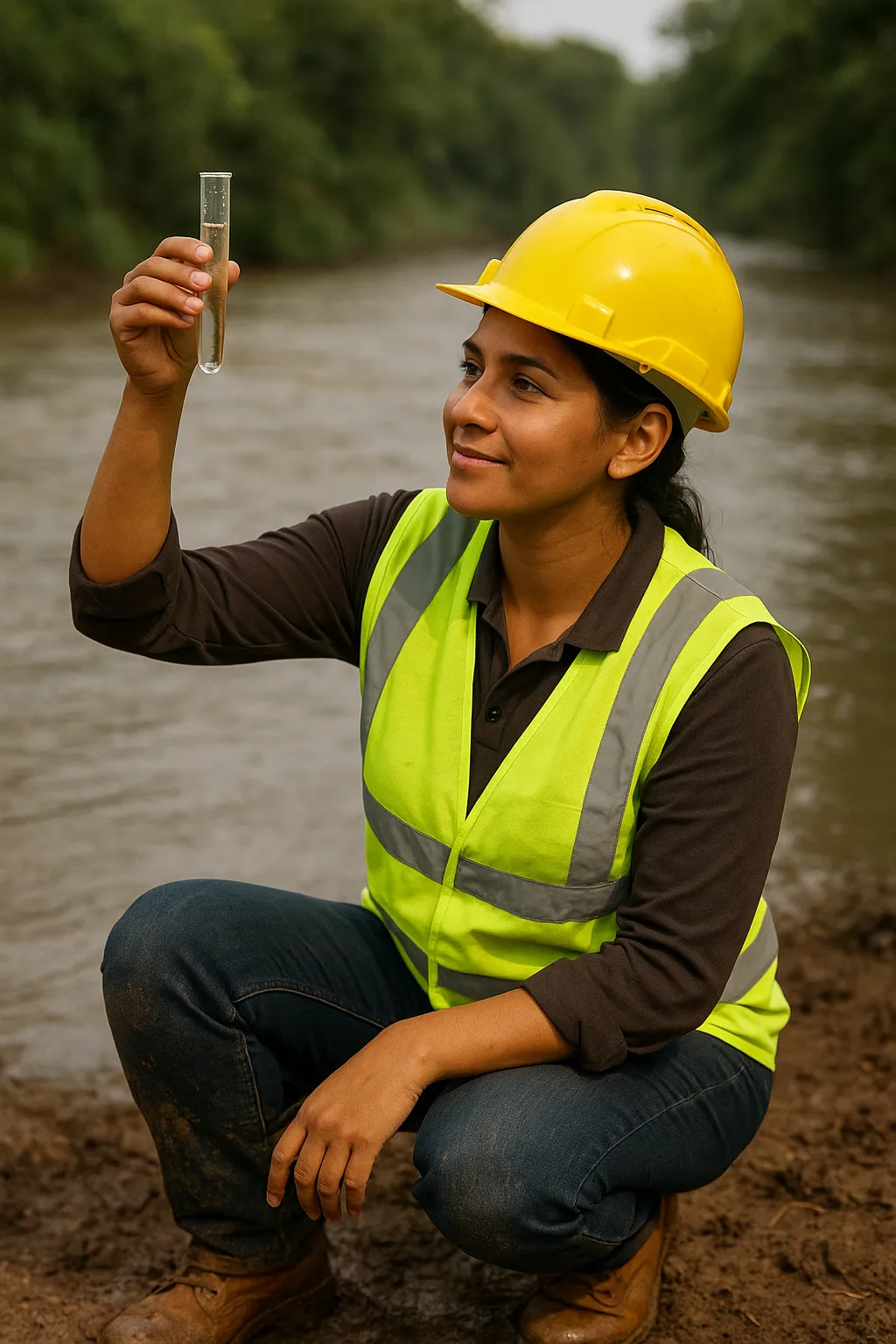 Close up of a field monitor in a hard hat kneeling on muddy ground holding a water test vial next to a flowing river