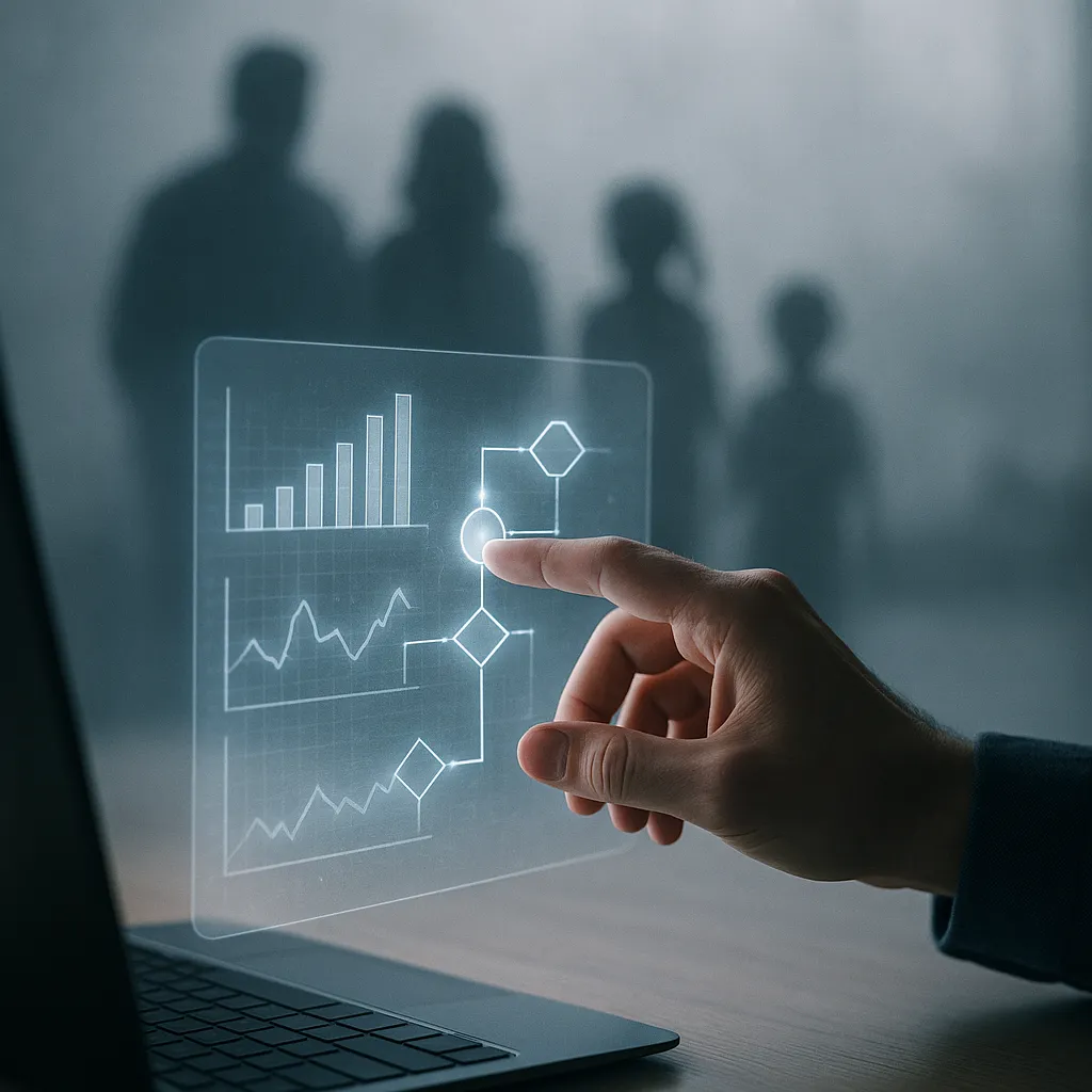 A hand interacting with a glowing digital interface, with a silhouette of a family in the background.