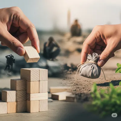 Two hands, one building a structure, the other placing aid, with a blurred backdrop of crisis and development.