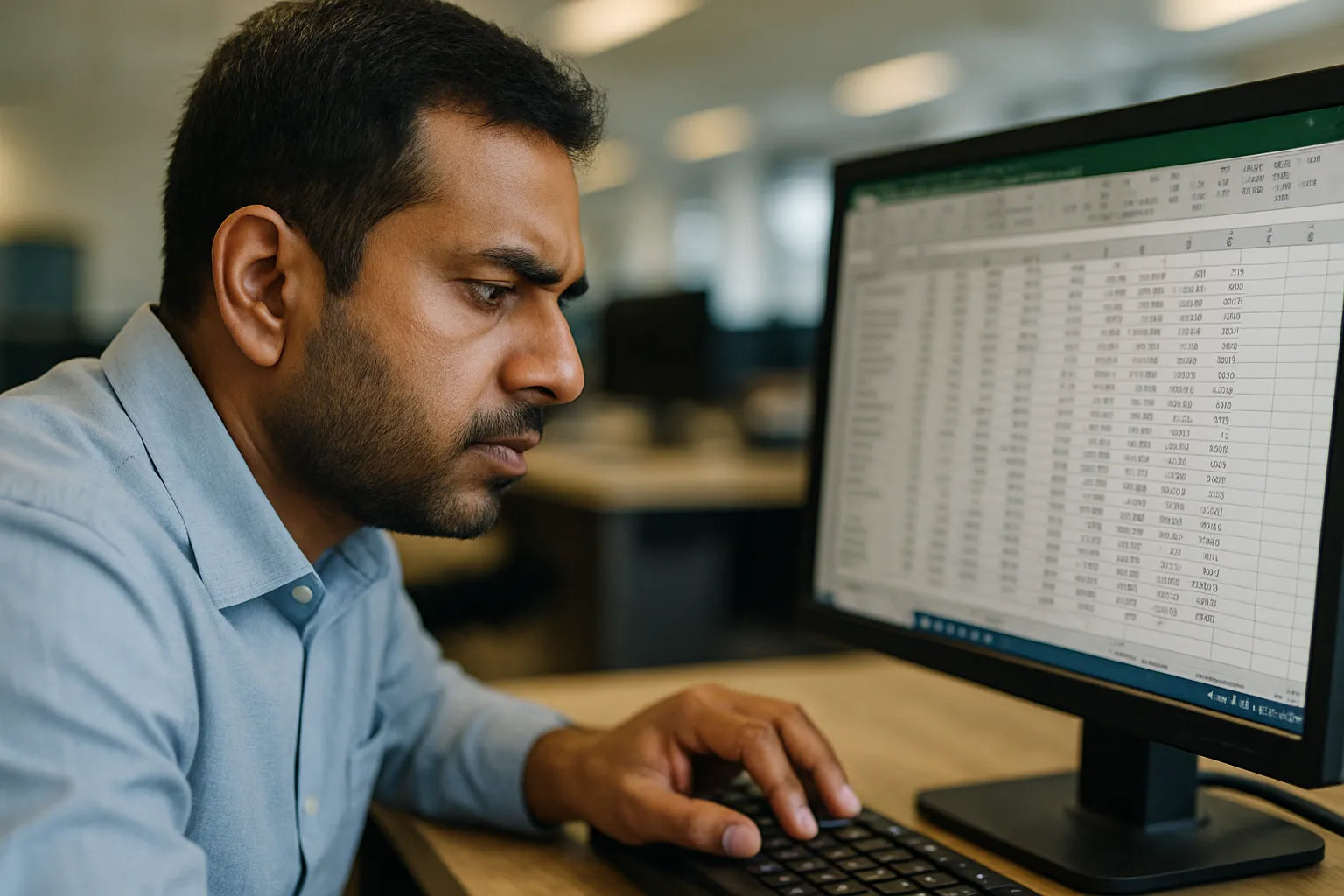 A person looking intently at a complex Excel spreadsheet on a computer screen.