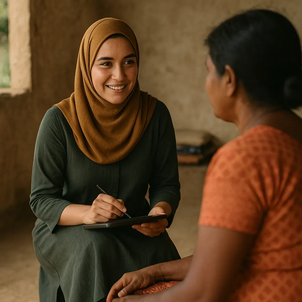 Female surveyor interviewing a woman in a village