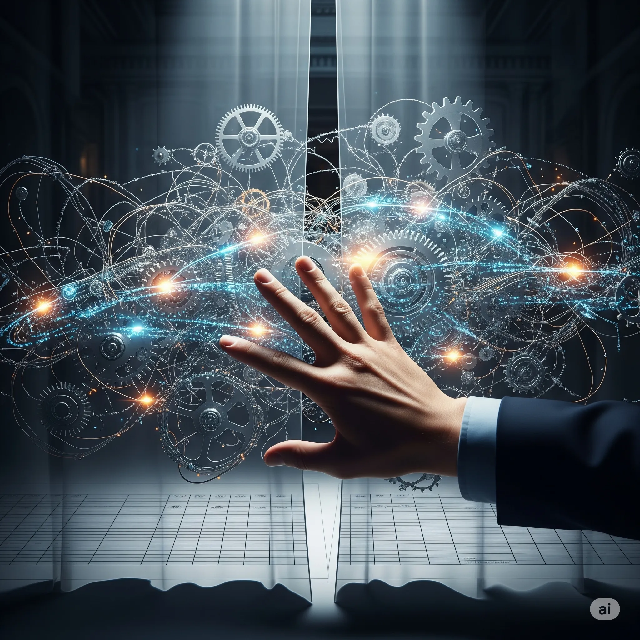 A hand pulling back a curtain to reveal a complex, tangled operational system behind a clean financial report.