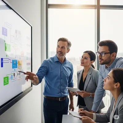 A diverse team collaboratively working on a roadmap or action plan on a large digital board.