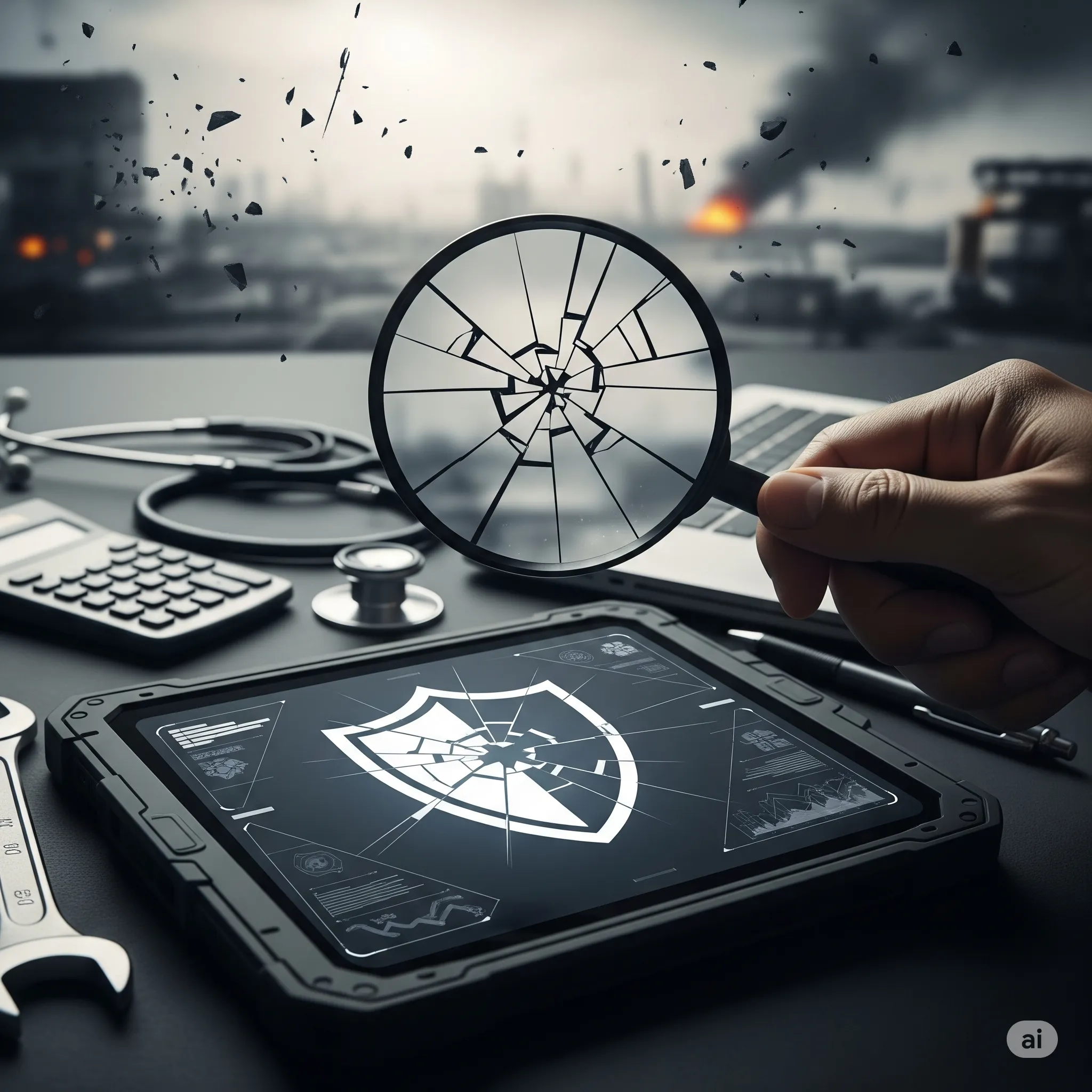 A hand holding a magnifying glass over a cracked digital shield, symbolizing vulnerability.