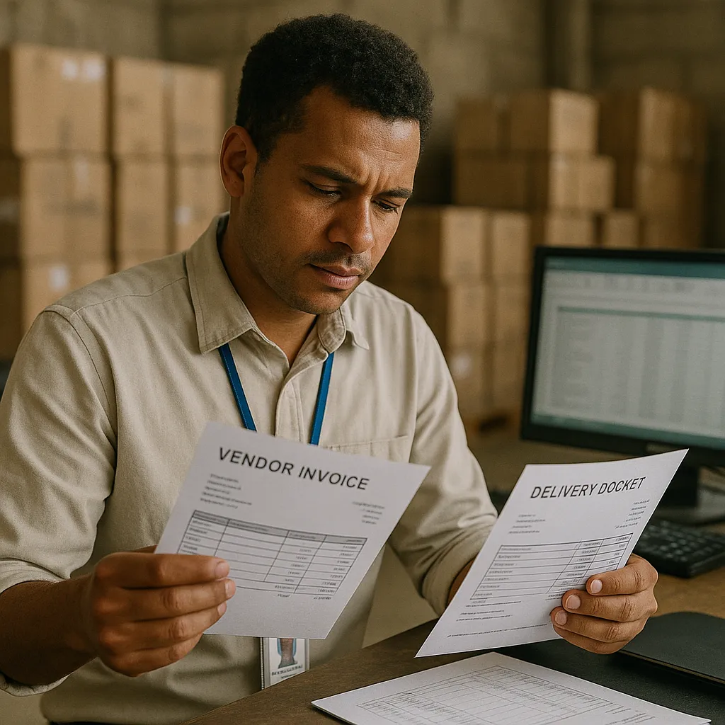 A procurement monitor examining a printed invoice against a delivery docket inside a Dar es Salaam warehouse office with stacked supply crates in background