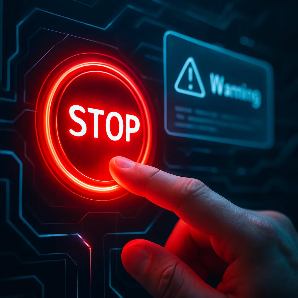A hand pushing a red "STOP" button on a digital interface, contrasted with a transparent "Warning" pop-up.