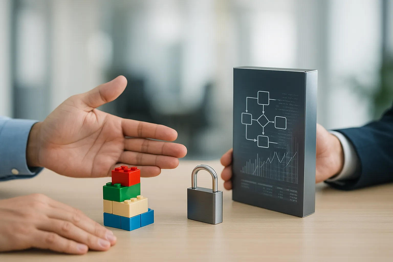 Two hands, one gesturing towards building blocks, the other towards a packaged software box.