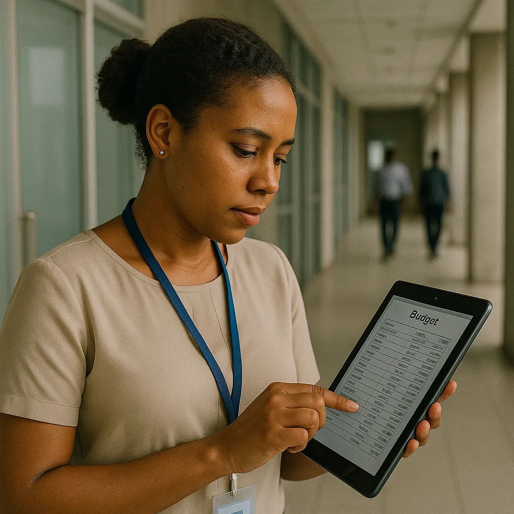 Government finance monitor reviewing a budget report on tablet inside a Juba ministry office corridor with staff and windows in background