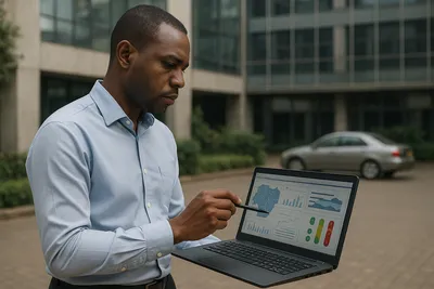 Close up of a monitoring officer hand holding a stylus pointing at a laptop screen showing integrated dashboard in a Nairobi office courtyard