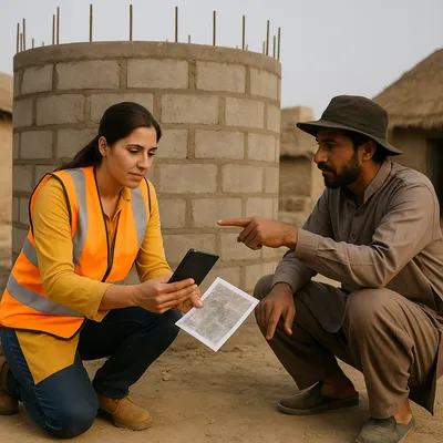 Close up of a female financial controller hand holding a printed payment voucher next to a partially built water tank with a male field monitor standing nearby under a dusty sky in rural Sindh Pakistan