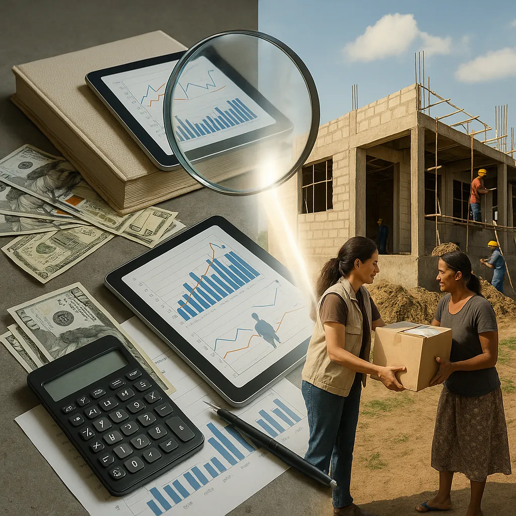 Magnifying glass over financial documents and a construction site