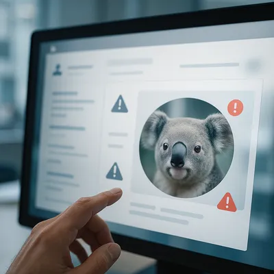 A digital screen displaying a profile with a koala image instead of an ID photo, highlighting a security flaw.