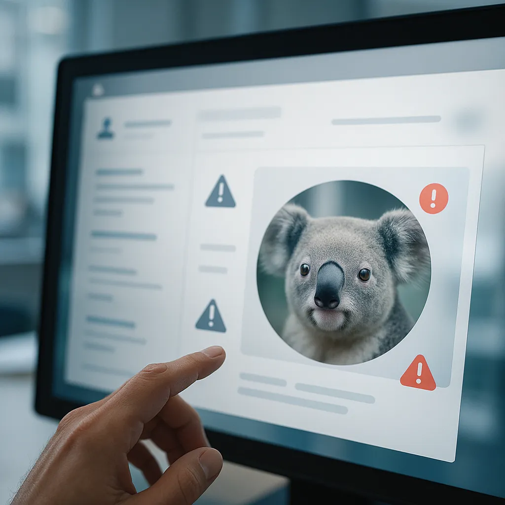 A digital screen displaying a profile with a koala image instead of an ID photo, highlighting a security flaw.