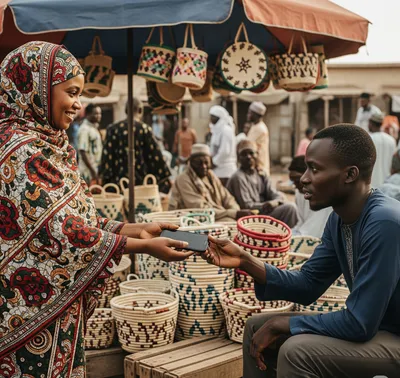 Close up of a local network coordinator hand handing a smartphone to a community enumerator hand under a market awning in northern Nigeria