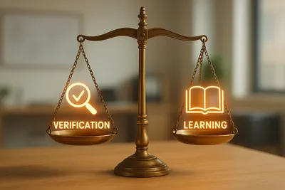 Balanced scale with "Verification" and "Learning" on sides