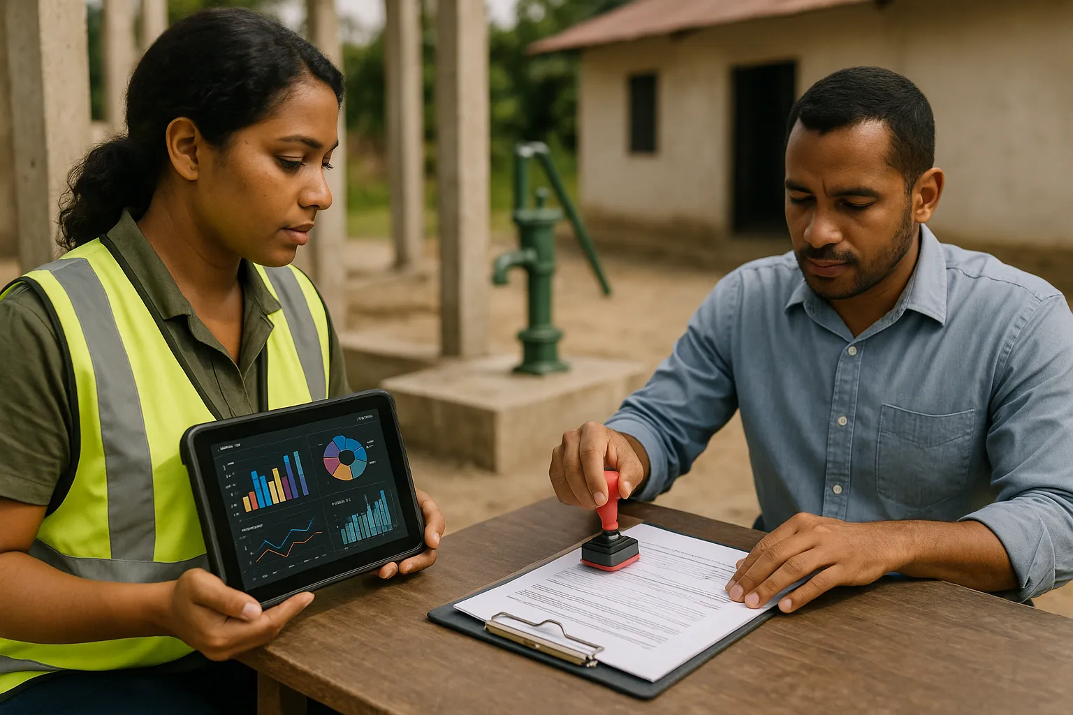 Close up of a field monitor hand holding a rugged tablet showing live data graphs next to an auditor hand stamping a paper report on a clipboard with a dusty project site in background