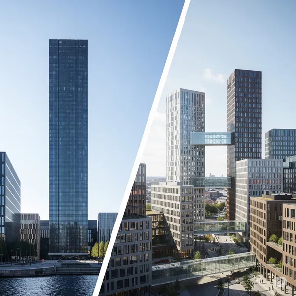 A split image showing a single large building contrasted with multiple smaller, interconnected buildings.