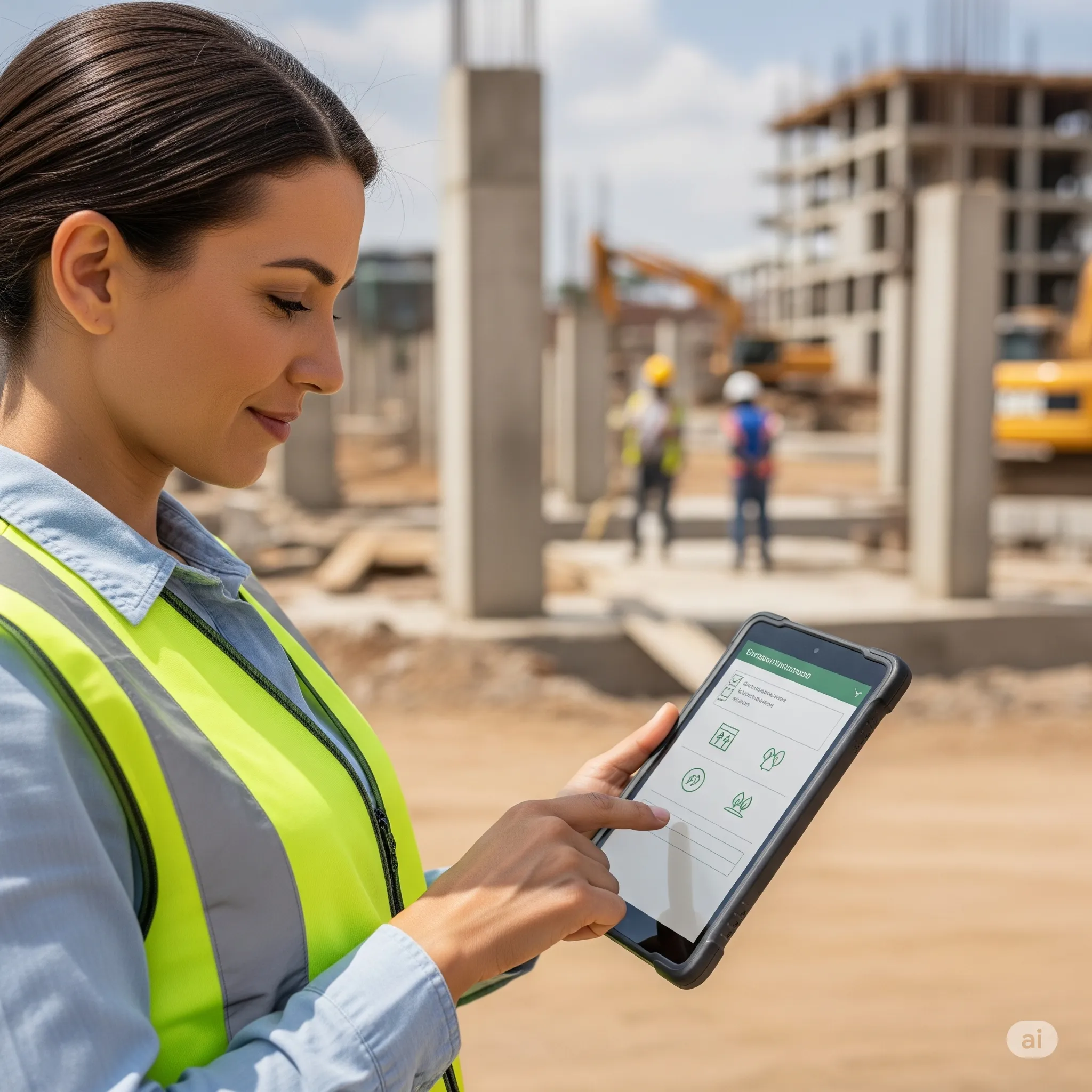 A person wearing a reflective vest reviewing a digital checklist on a construction site, with environmental and social icons.