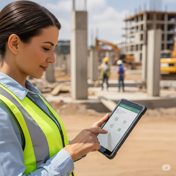 A person wearing a reflective vest reviewing a digital checklist on a construction site, with environmental and social icons.