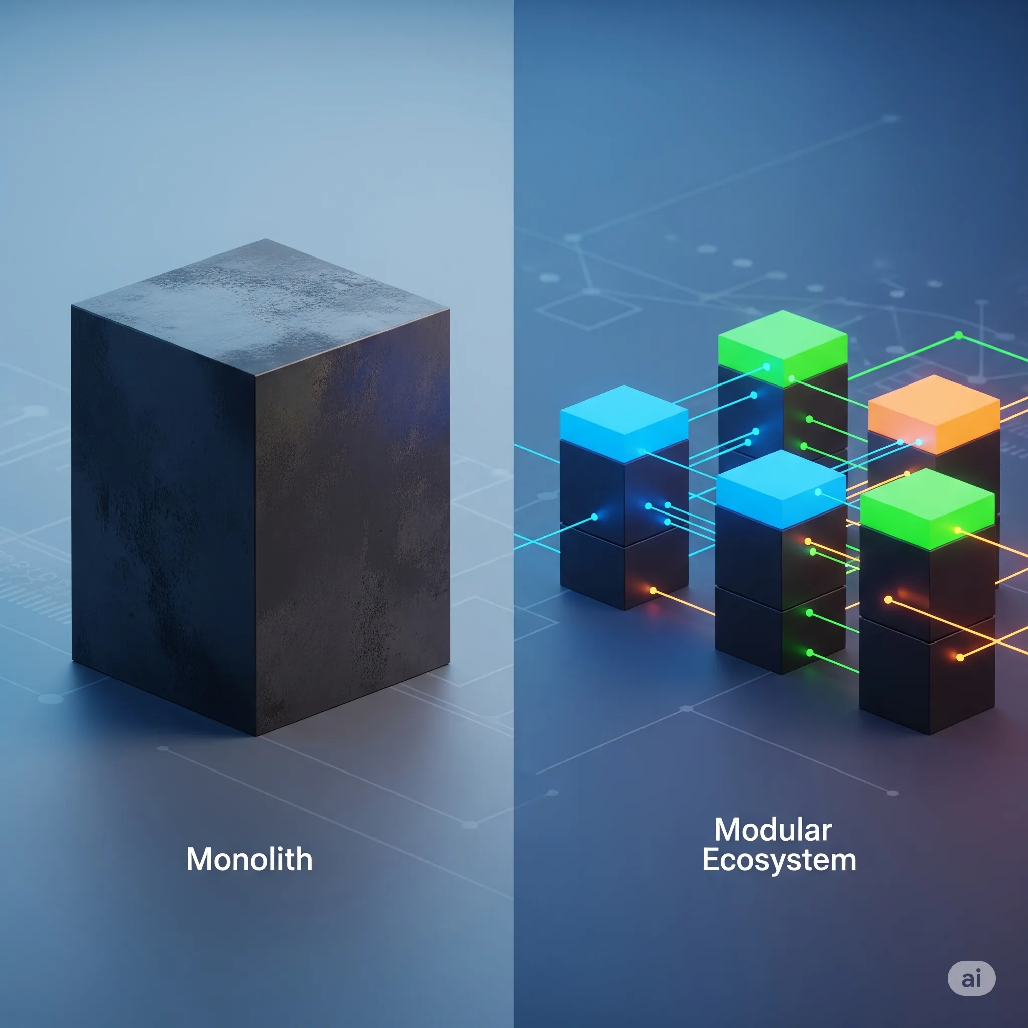 A graphic depicting interconnected modular blocks versus a single large block symbolizing system architecture