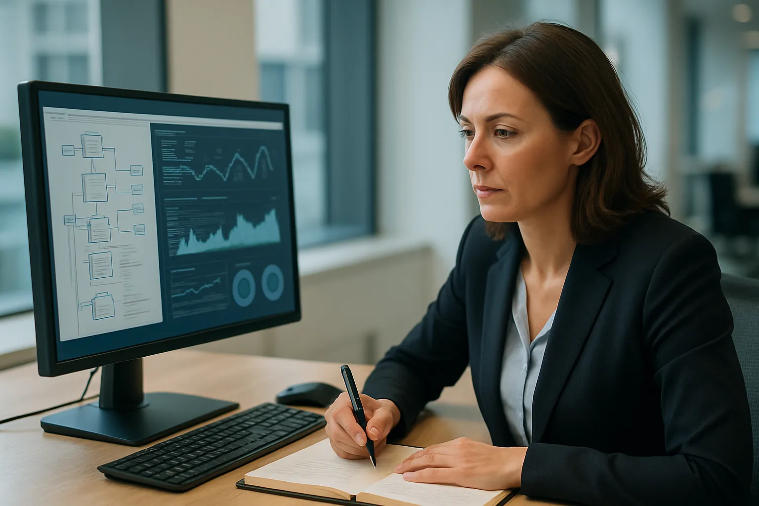 A person, not a coder, looking thoughtfully at a financial system interface on a screen.